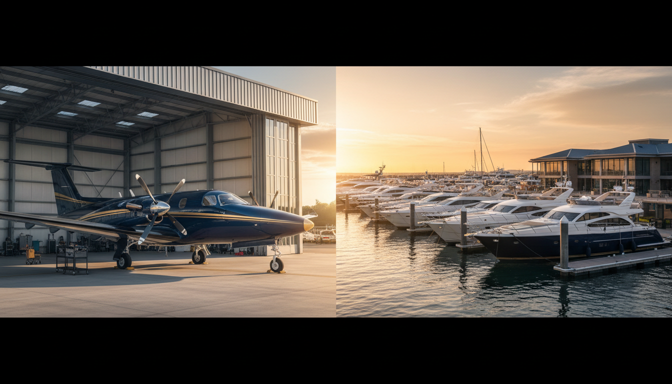 Aircraft hangar and boat marina split view