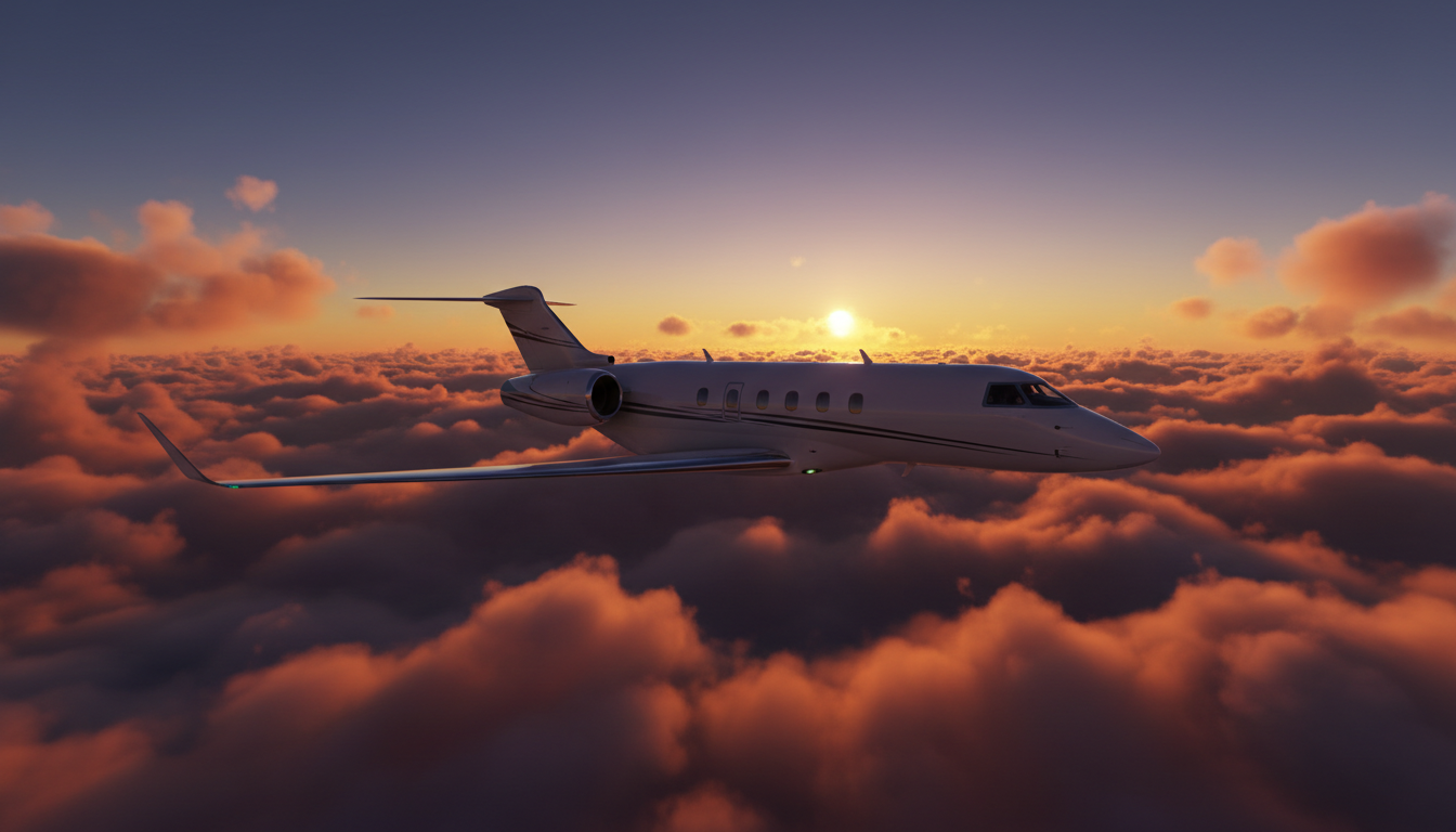 Business jet in flight at golden hour