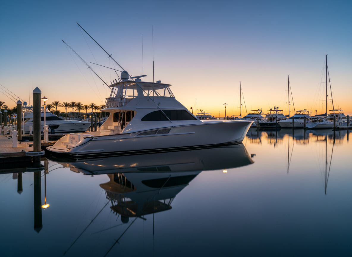 Luxury boat docked at a marina