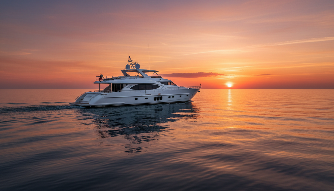 Luxury yacht cruising at sunset