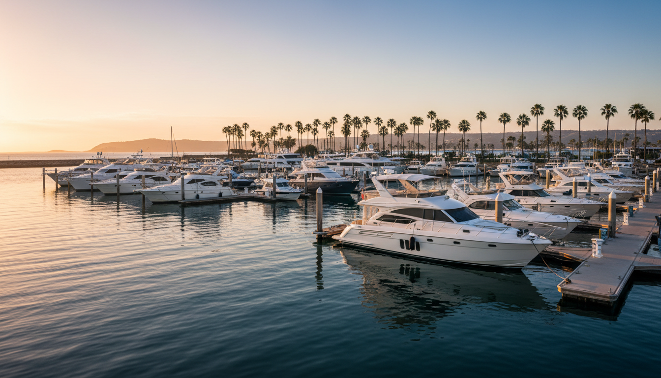 Luxury yachts at a marina at dusk