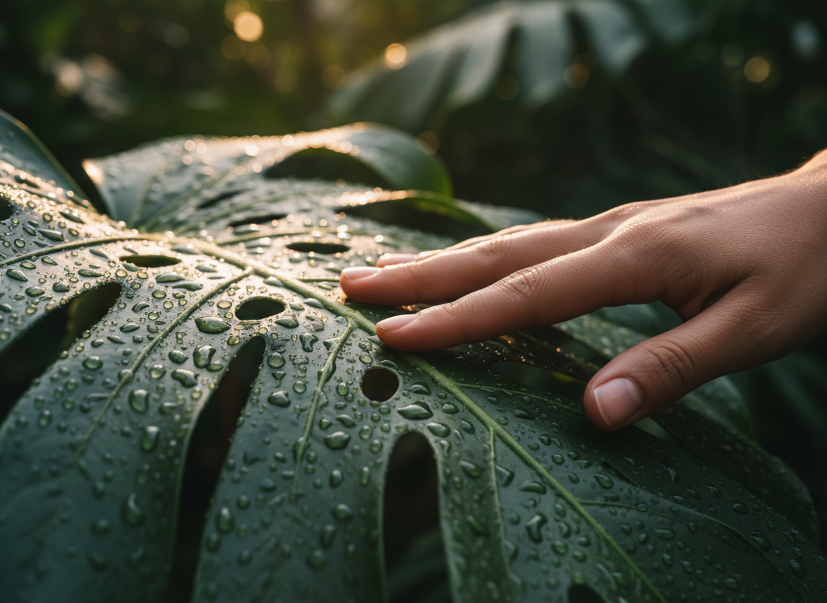 Hand touching dew-covered tropical leaf in the Costa Rican jungle