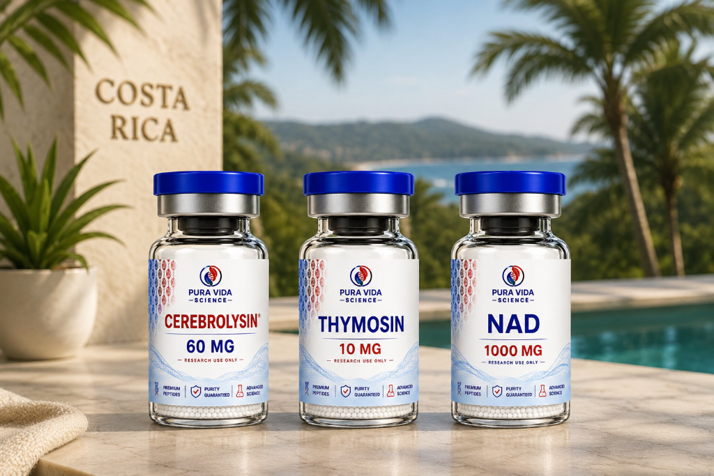 Premium peptide vials overlooking Costa Rica