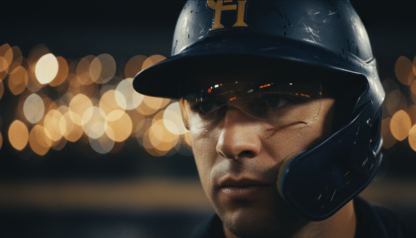 Baseball player focused through batting helmet