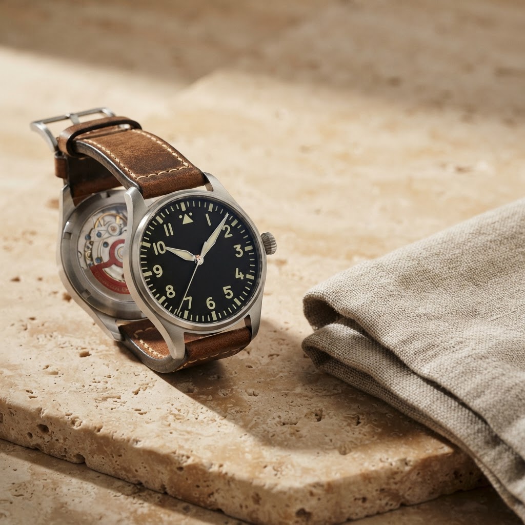 An Oris mechanical watch resting on warm stone