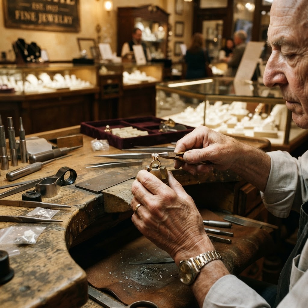 A Maurice's master jeweler setting a diamond at the bench