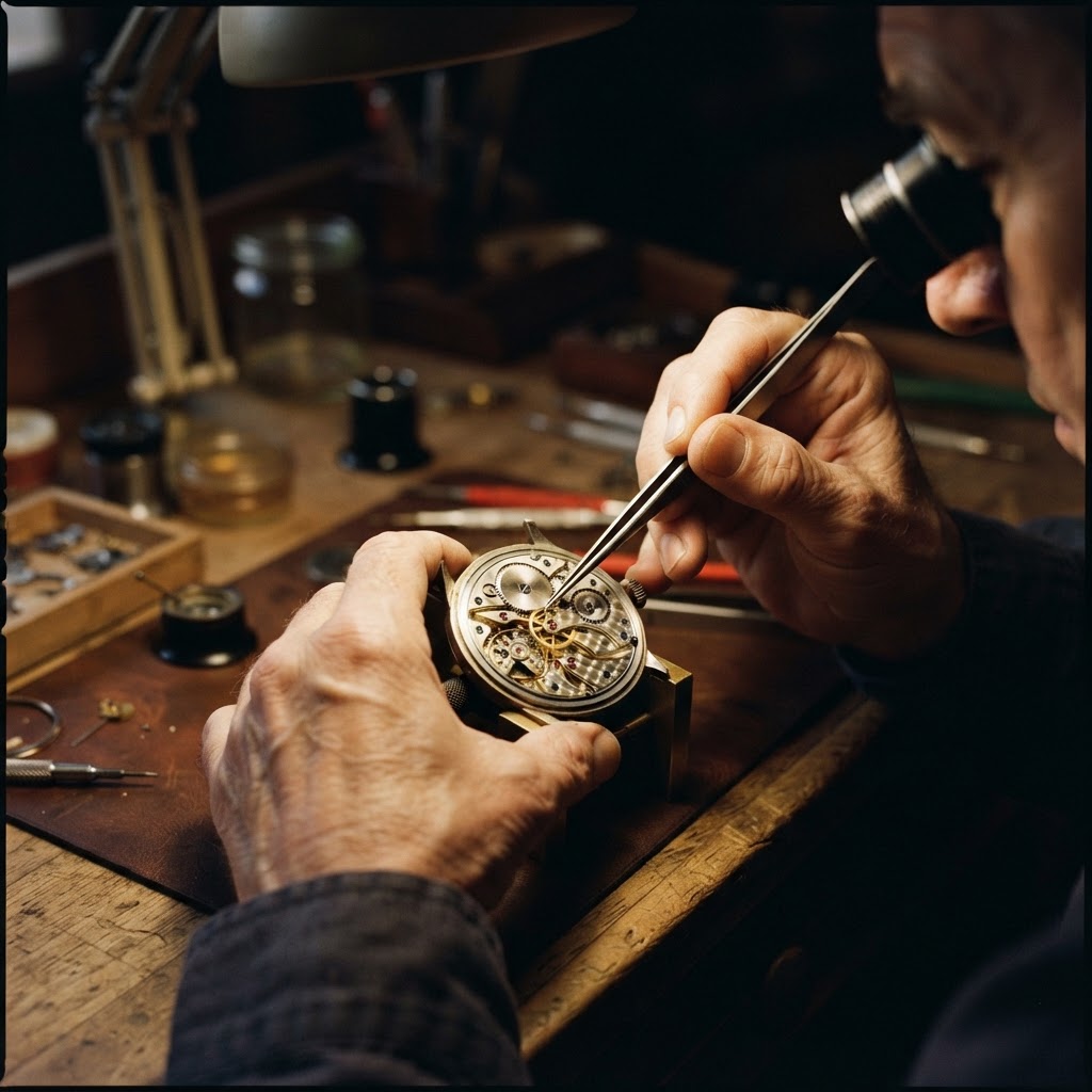 A watchmaker adjusting a mechanical movement