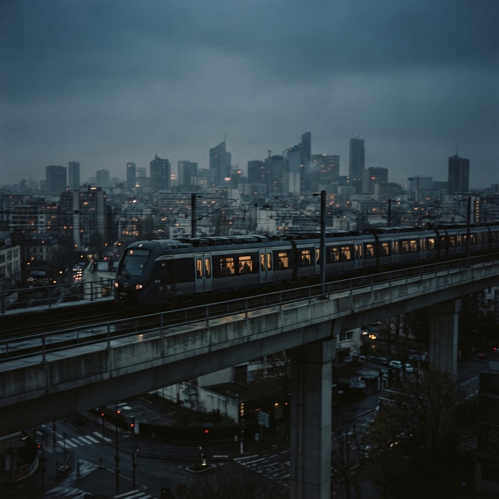 Comboio moderno sobre viaduto urbano