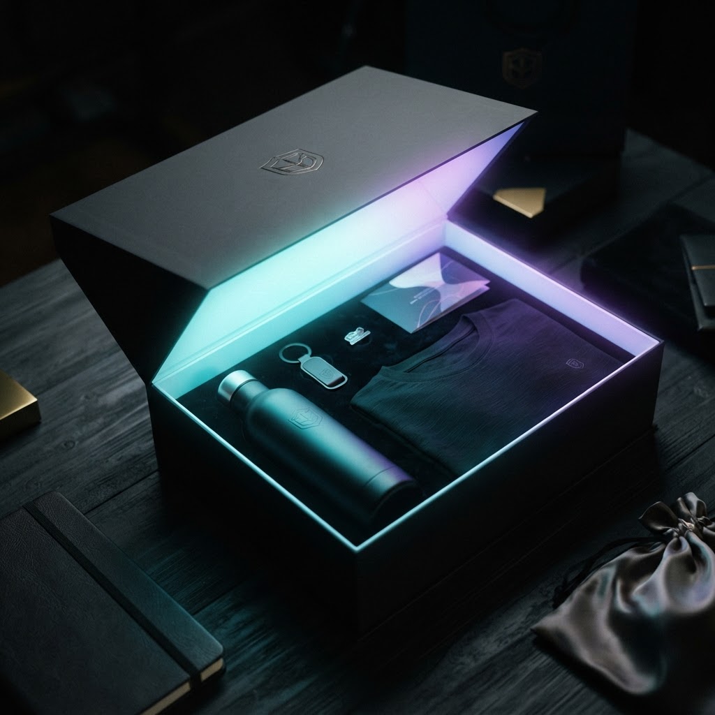 A luxury reward box opening with premium branded merchandise inside