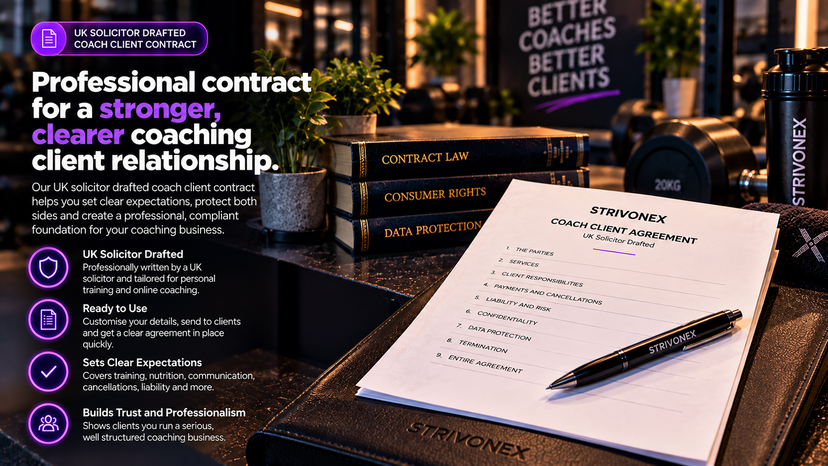 A printed Strivonex Coach/Client Agreement on a desk beside reference books on contract law, consumer rights and data protection.