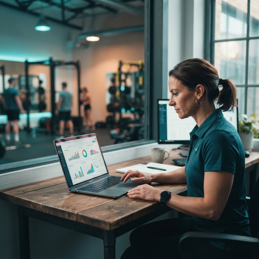 Coach reviewing analytics dashboard and reports on laptop
