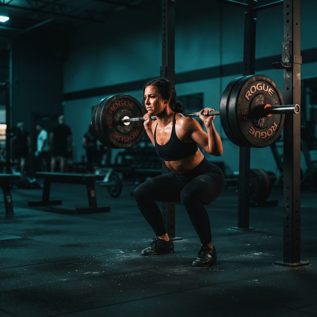 Athlete performing a barbell squat in a dark gym
