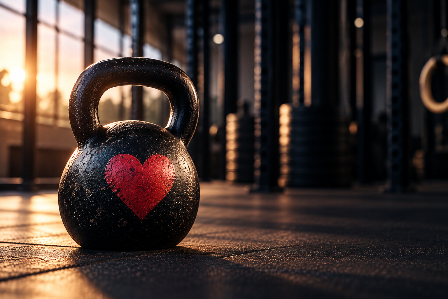 A cast-iron kettlebell with a painted red heart, resting on the floor of a gym in warm light.