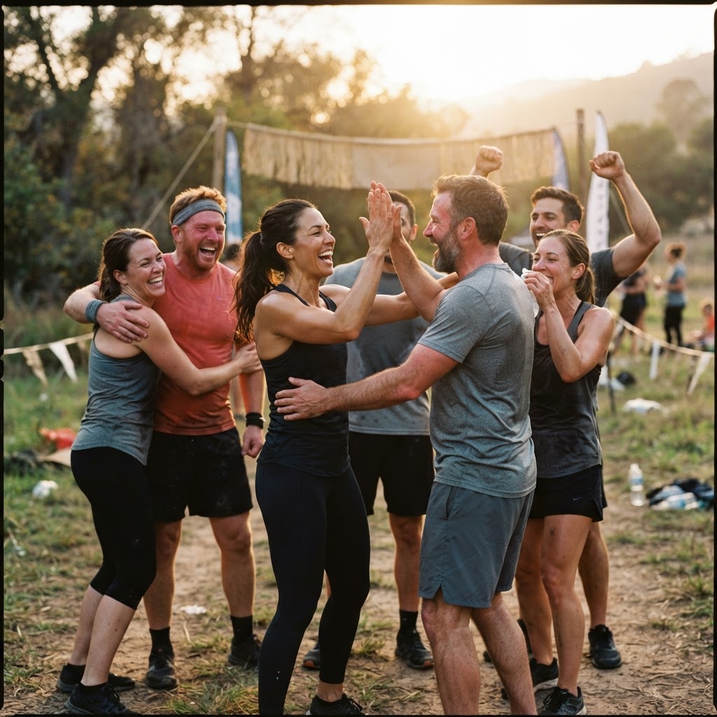 A coach and group of clients celebrating at the finish of an outdoor charity fitness challenge