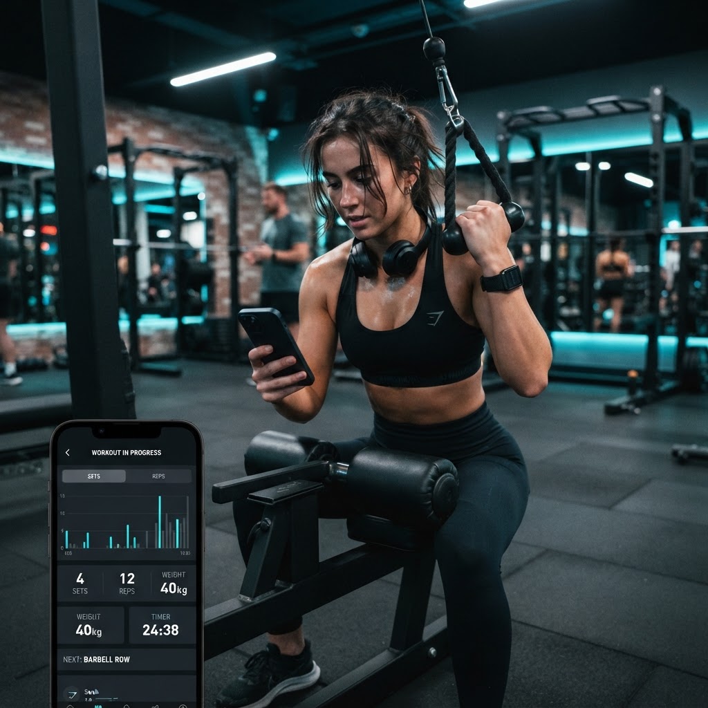 A person actively training while using the Strivonex Coach app on their phone in a gym