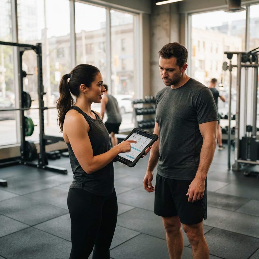 A personal trainer discussing a training programme with a client on a tablet in a modern gym