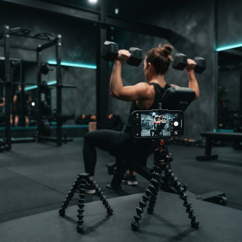 A client recording their exercise set on a smartphone mounted on a tripod, ready to send to their coach for a technique review