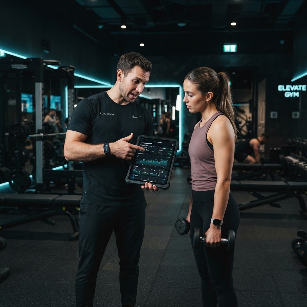 A professional personal trainer coaching a client and reviewing progress on a tablet in a modern gym