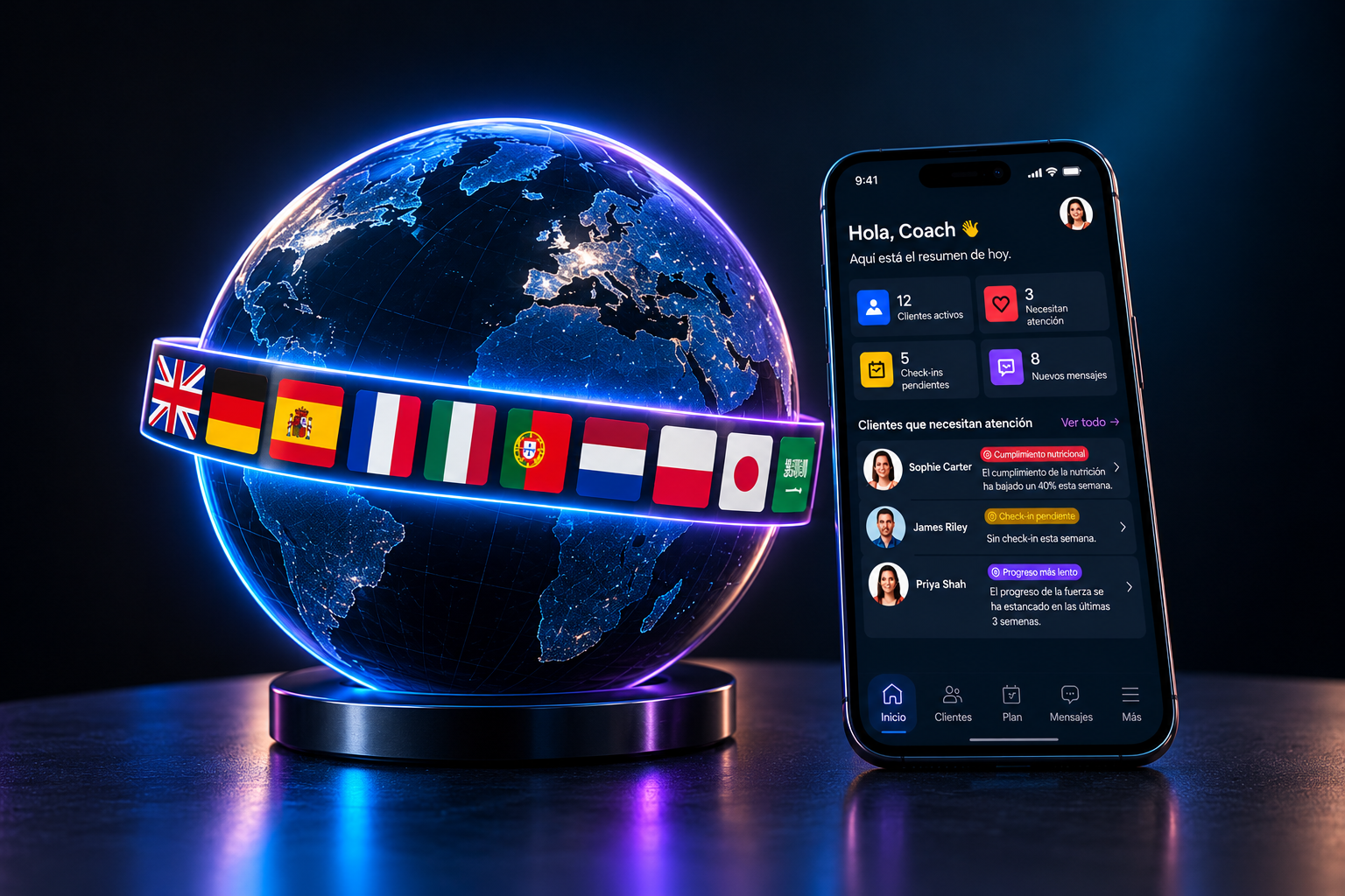 A globe ringed with national flags beside a phone showing the Strivonex Coach app in Spanish.