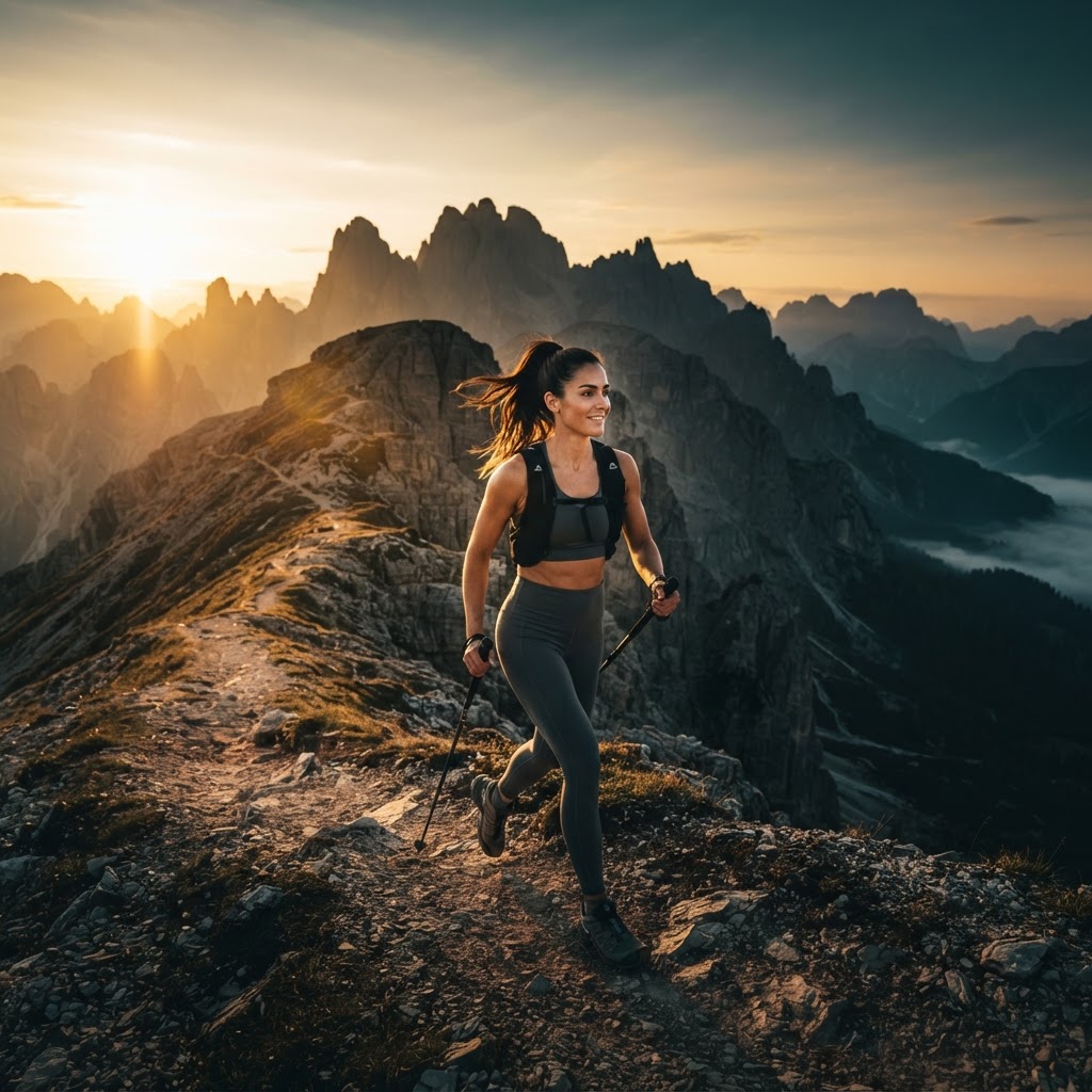 Athlete ascending a mountain ridge at golden hour