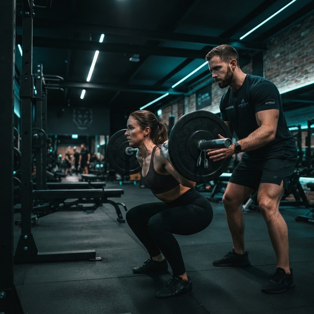 Coach guiding a client through a barbell squat in a premium gym