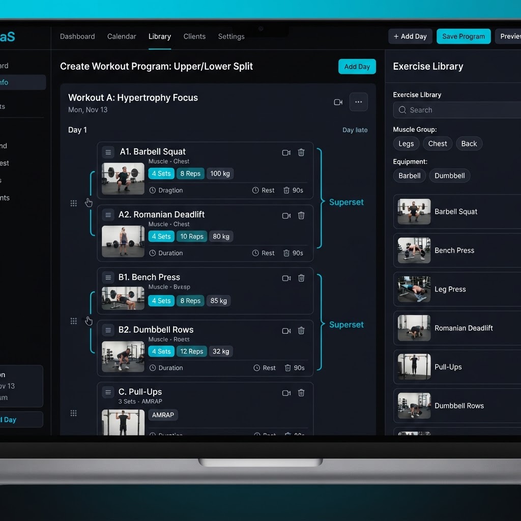 Strivonex Coach Workout Studio — drag-and-drop programme builder with exercise library