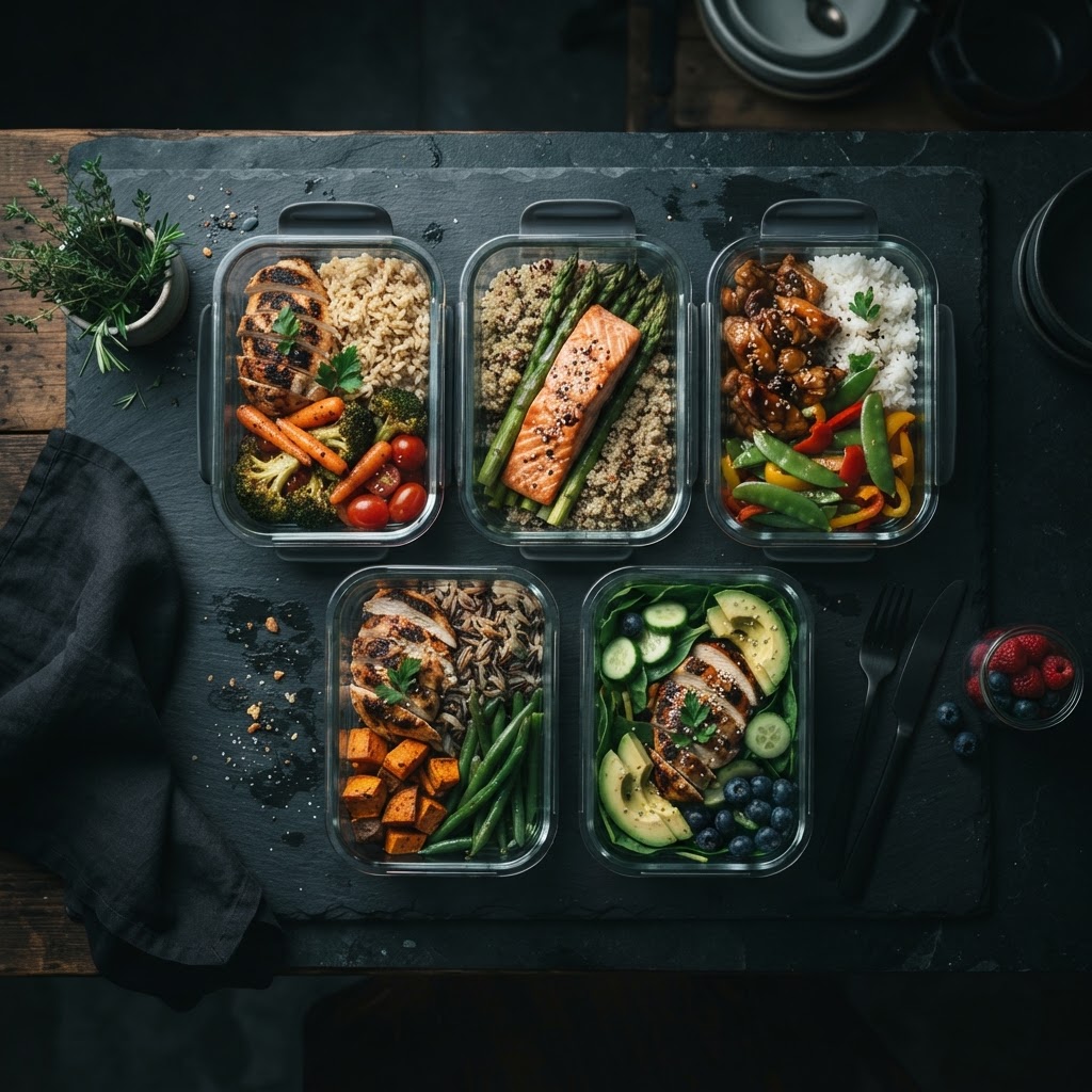 Healthy meal prep arrangement on a dark surface