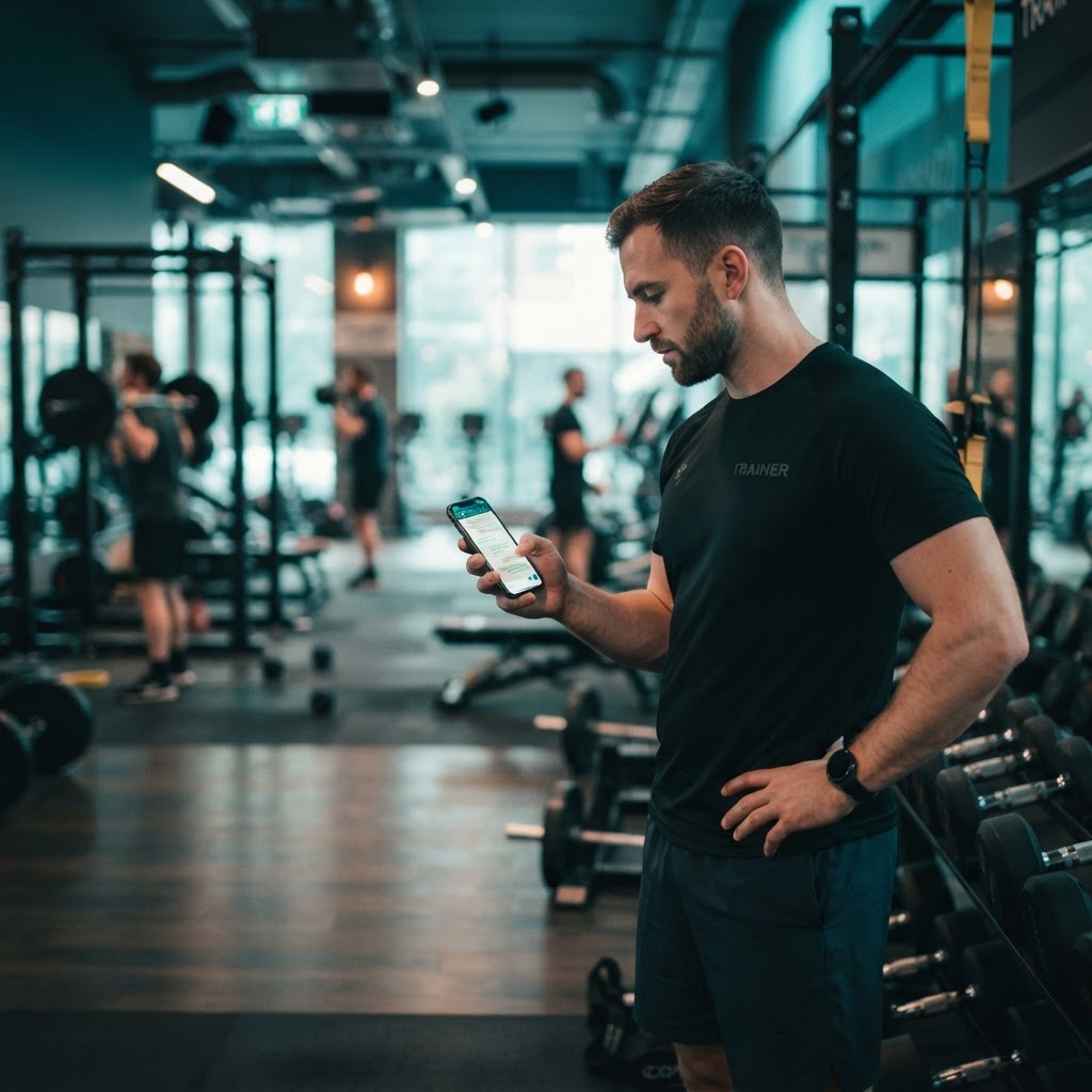 Coach using Strivonex Coach messaging on mobile in a gym