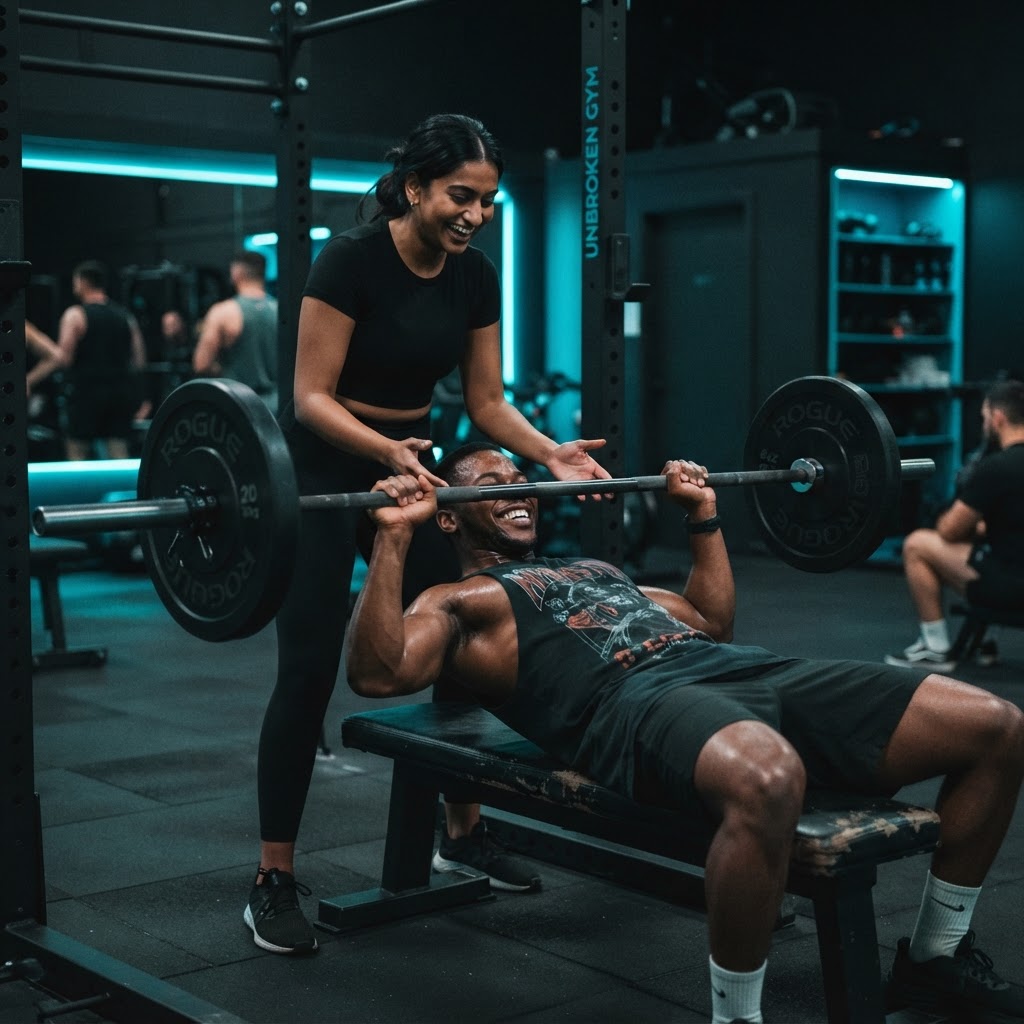 Two training partners working out together in a gym