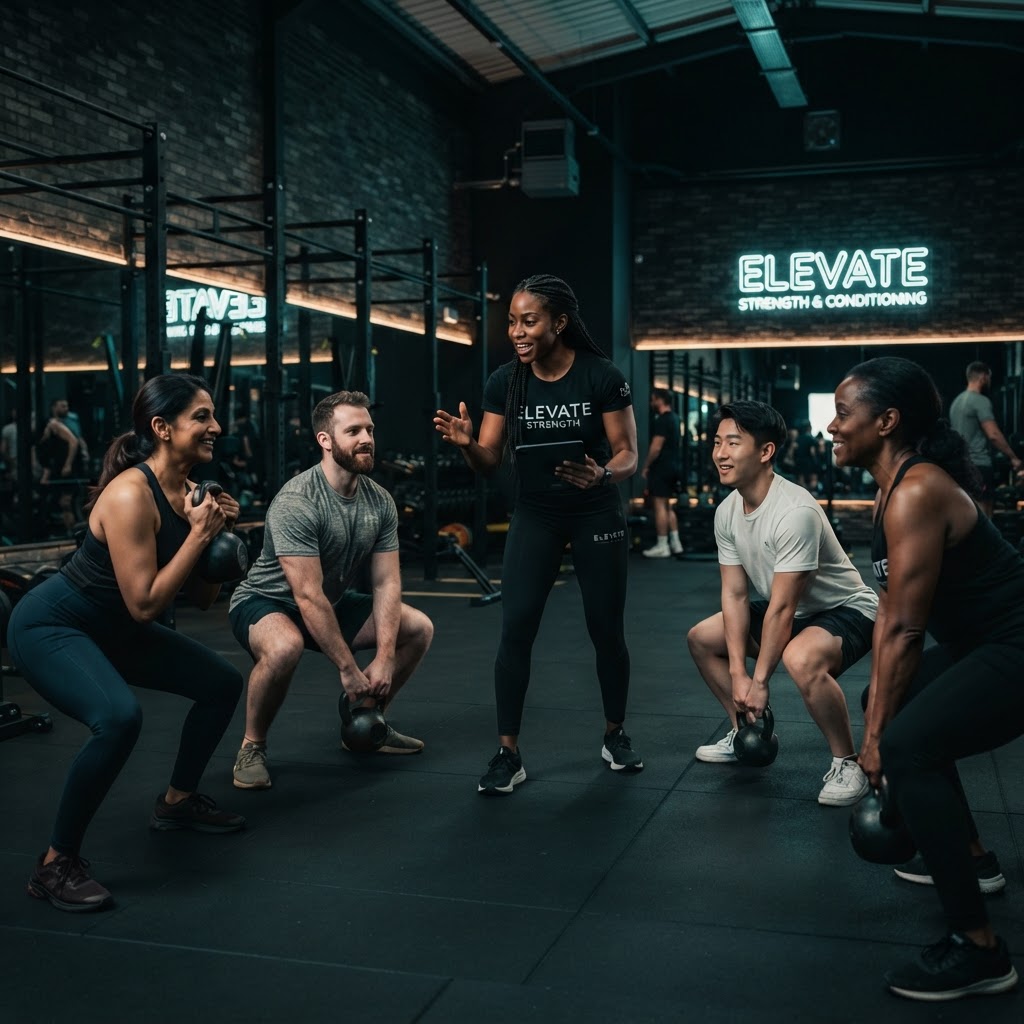 Coach training a group of clients in a modern gym studio