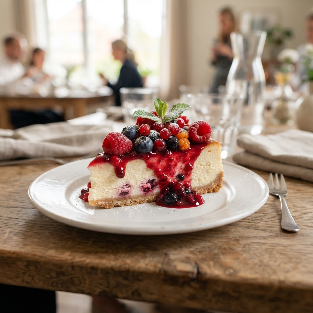 Ostekake med coulis og bær