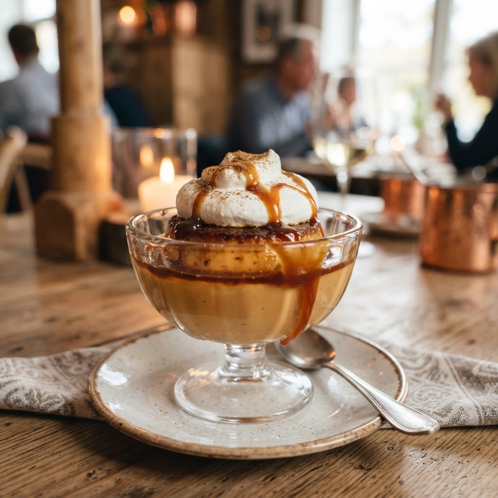 Karamellpudding med krem og karamellsaus