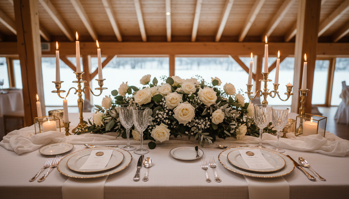 Elegant bryllupsbord med gulldekor og blomster