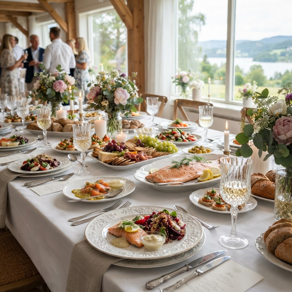 Elegant cateringoppsett fra Kilen Catering i et selskap