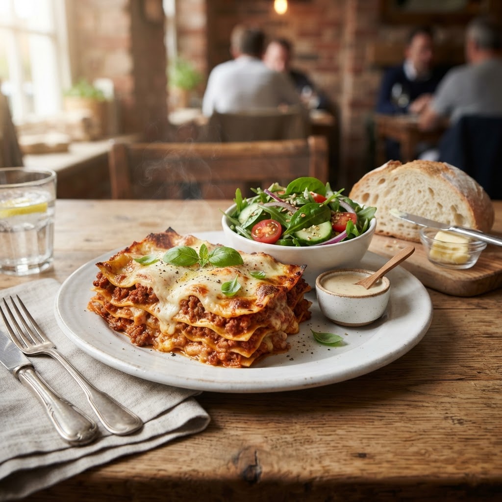Lasagne med salat, dressing, loff og smør