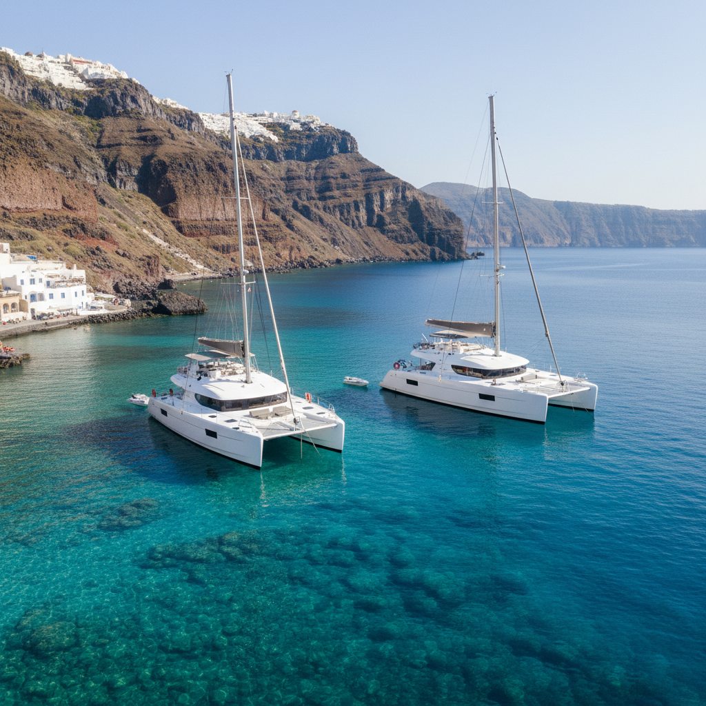 Aerial view of luxury Santorini catamarans anchored in the Aegean caldera bay