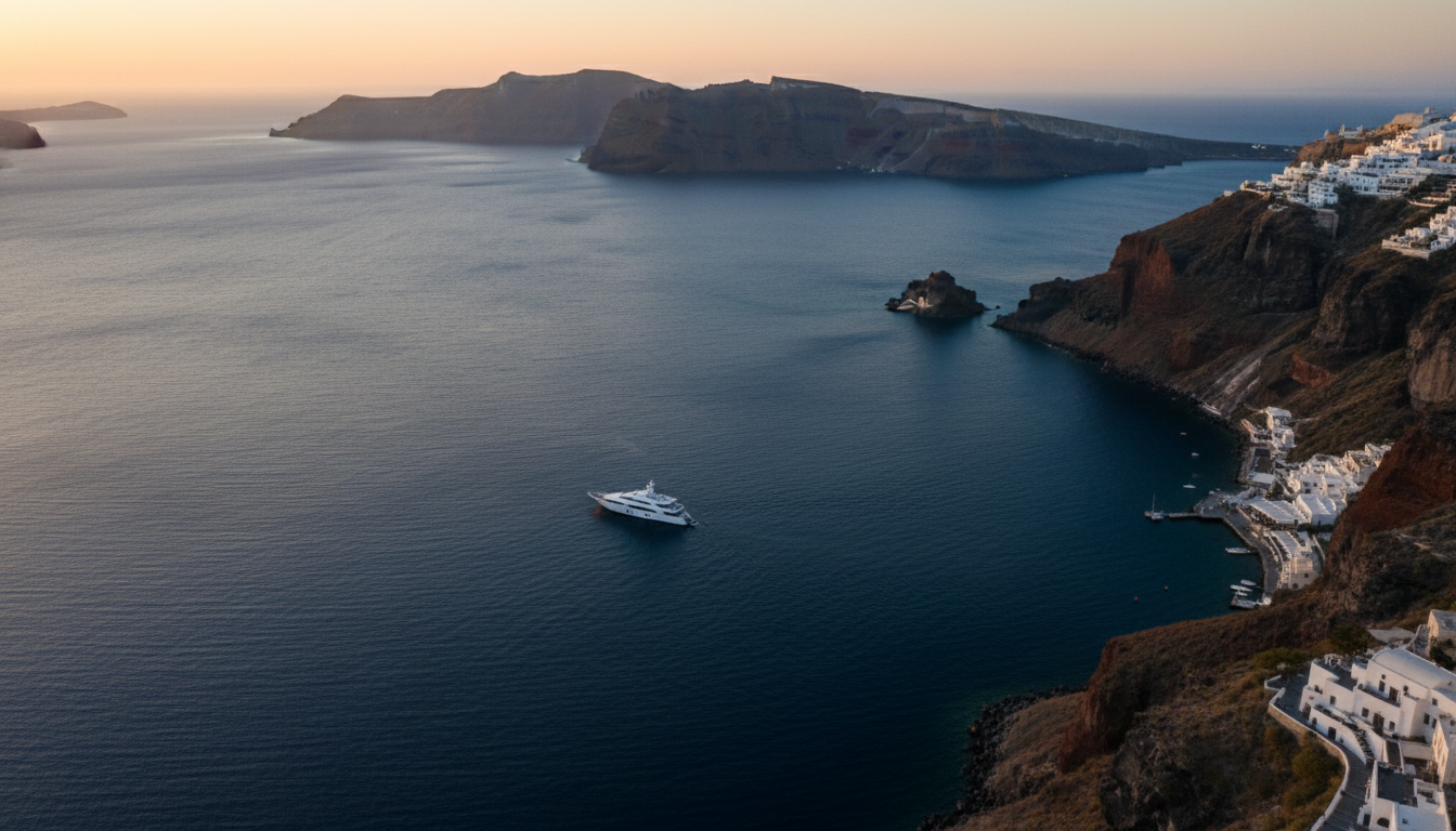 Dramatic aerial view of the Santorini caldera at sunset with a luxury yacht sailing in the distance