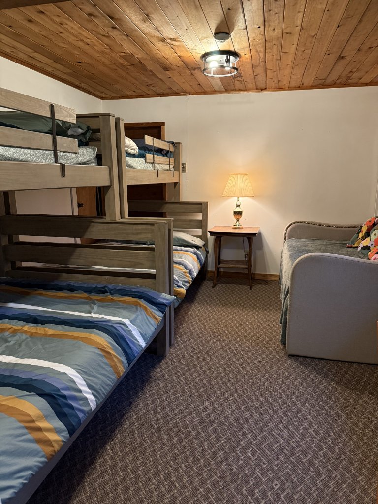 Lodge bedroom with bunk beds, a daybed, and patterned carpet