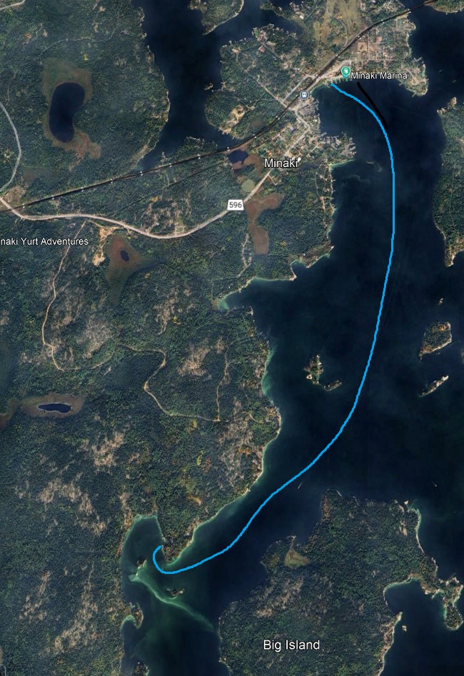 Map of the boat route from Minaki Marina to Kendall's Point