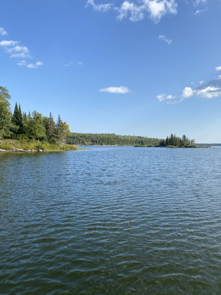 Calm blue water of Gunn Lake at Minaki, framed by a boreal-forest shoreline and a small wooded island under a bright sky