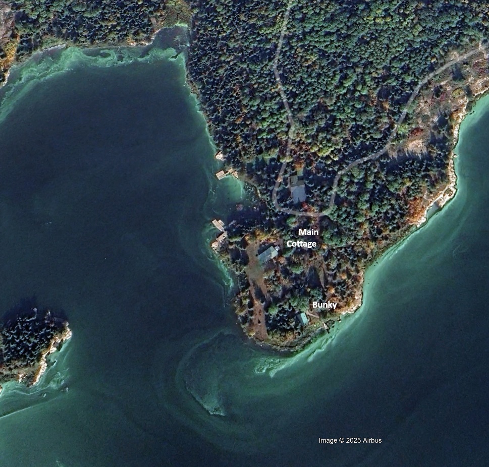 Aerial view of the private wooded point of land at Kendall's Point reaching into a protected bay on Gunn Lake