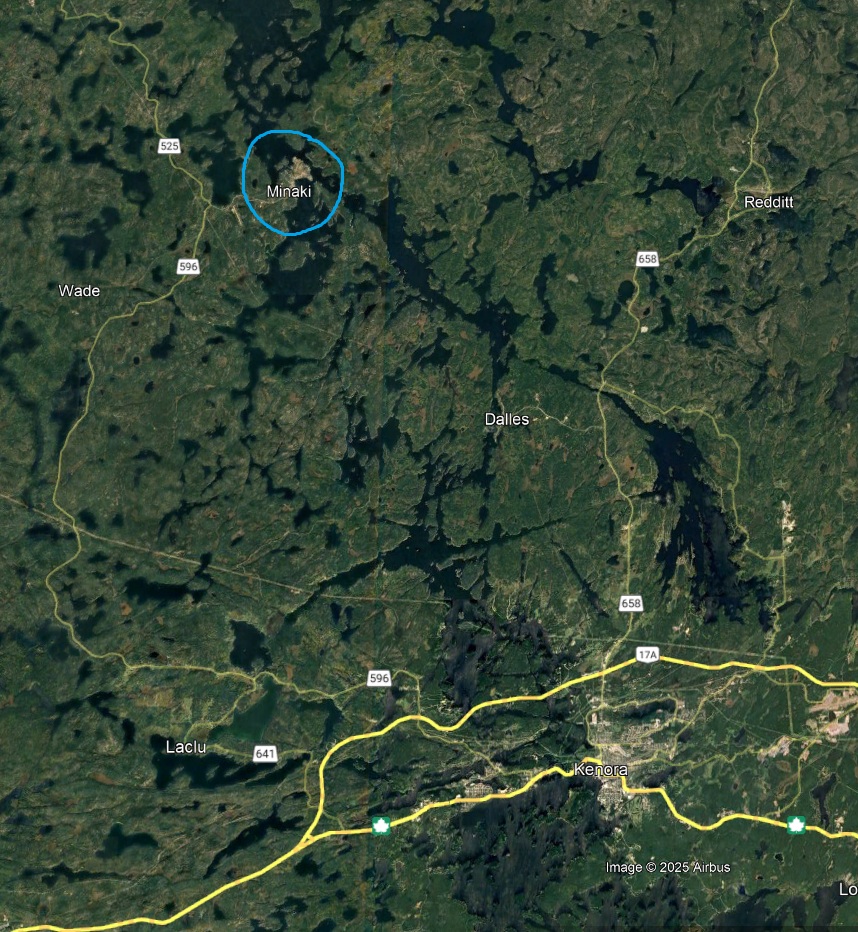 Satellite map showing the road route to Minaki near Kenora, Ontario
