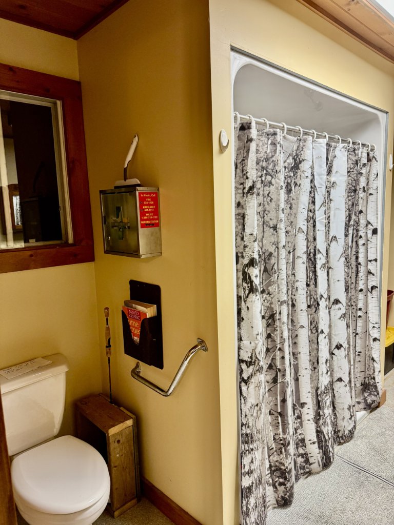 Bathroom with a birch-tree shower curtain inside the cottage