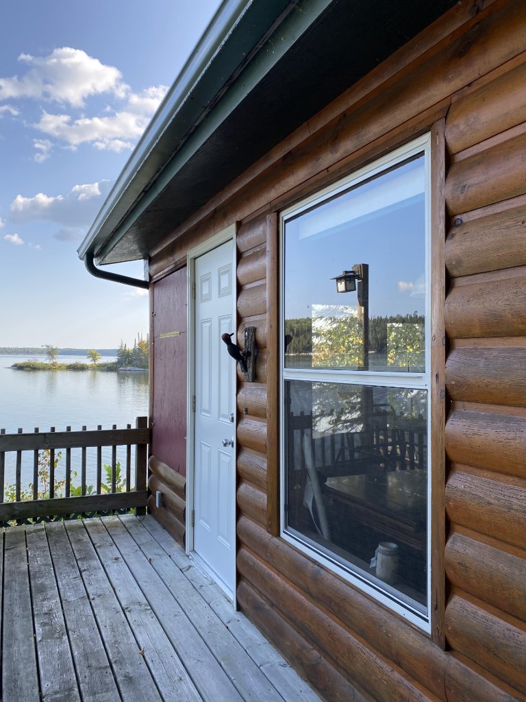 Log cottage deck with a sweeping view across Gunn Lake