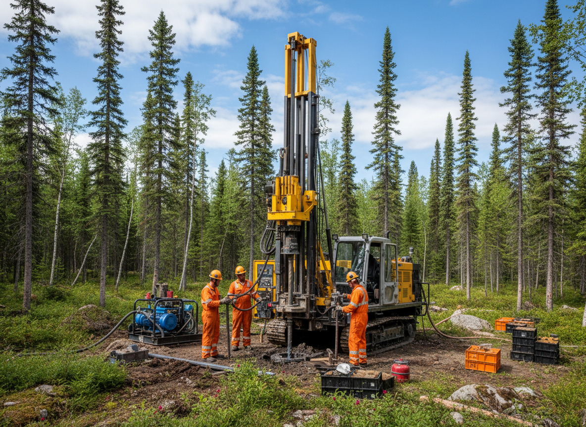 Diamond drill rig in Québec boreal forest