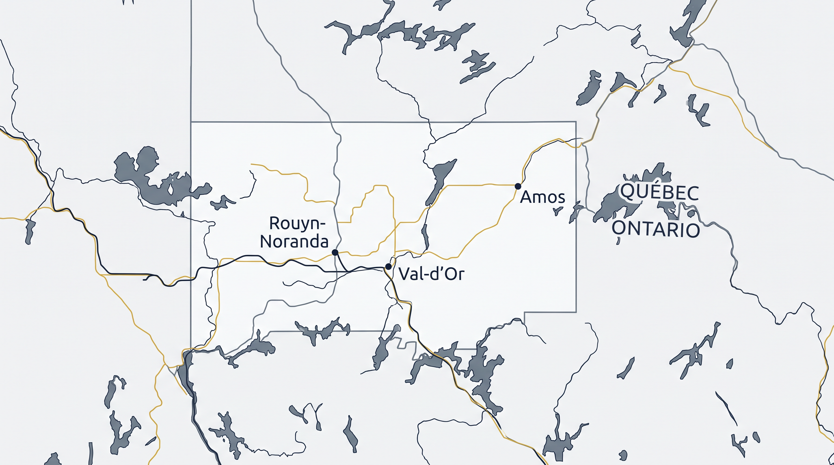 Locator map of the Abitibi region in Québec showing Rouyn-Noranda, Val-d'Or, and Amos