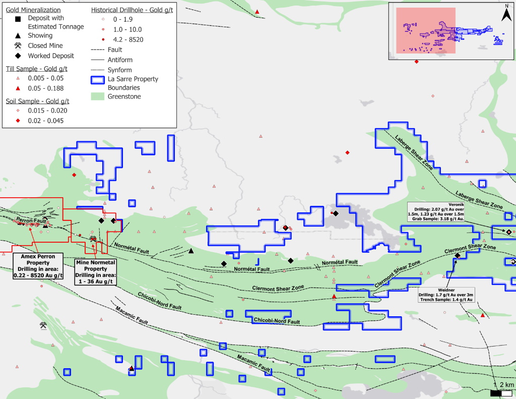 La Sarre compilation map showing Amex Perron Property and Mine Normetal proximity