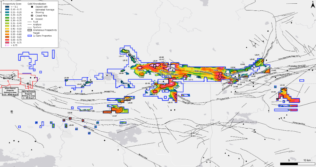 La Sarre Project AI prospectivity map showing 33 AI-identified gold targets with prospectivity scores across the property