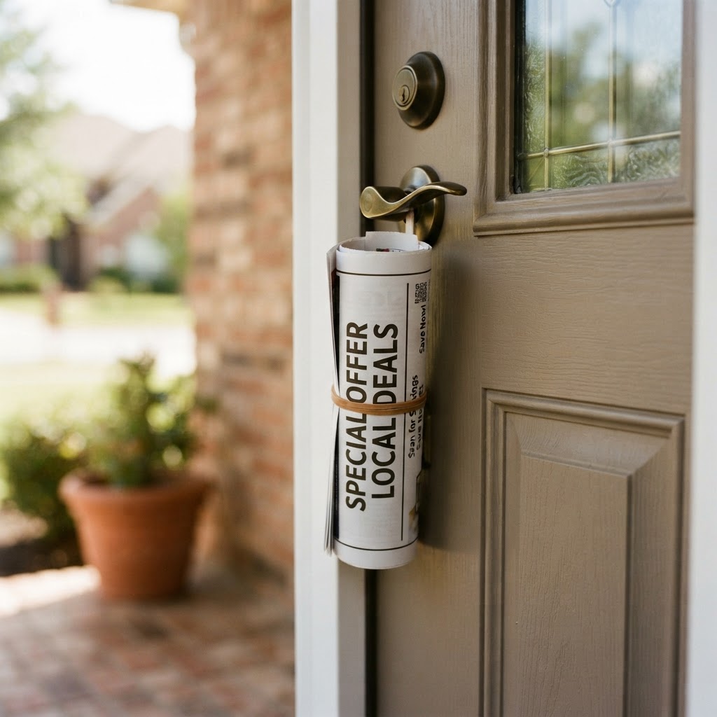 Missouri residential neighborhood with flyer on door handle