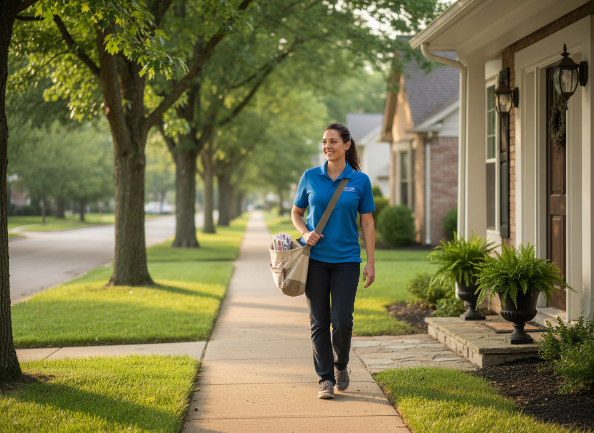 Door-to-door flyer delivery in a Missouri neighborhood